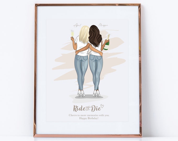 Ride or Die Custom Happy Birthday Best Friend Portrait Illustration / Personalized Best Friend Drawing / Gift For Best Friend / Friendship