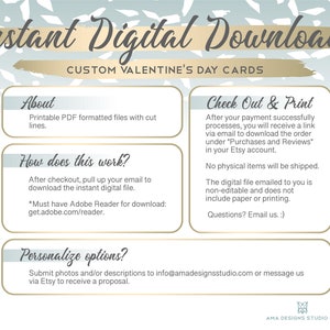 Puede incluir: Un gr&aacute;fico de descarga digital para tarjetas del D&iacute;a de San Valent&iacute;n. El gr&aacute;fico presenta un fondo azul claro con texto blanco y dorado. El texto dice "Descarga digital instant&aacute;nea" y "Tarjetas del D&iacute;a de San Valent&iacute;n personalizadas". El gr&aacute;fico tambi&eacute;n incluye informaci&oacute;n sobre el producto, como c&oacute;mo descargar y personalizar las tarjetas.