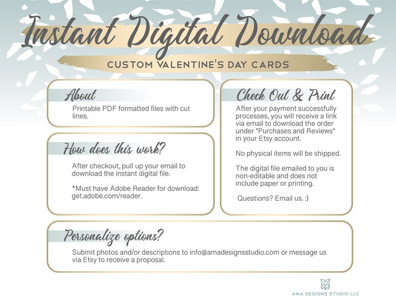 Puede incluir: Un gr&aacute;fico de descarga digital para tarjetas del D&iacute;a de San Valent&iacute;n. El gr&aacute;fico presenta un fondo azul claro con texto blanco y dorado. El texto dice "Descarga digital instant&aacute;nea" y "Tarjetas del D&iacute;a de San Valent&iacute;n personalizadas". El gr&aacute;fico tambi&eacute;n incluye informaci&oacute;n sobre el producto, como c&oacute;mo descargar y personalizar las tarjetas.