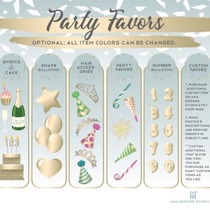 May include: A graphic showing different party favor options, including spirits and cake, shape balloons, hair accessories, party favors, number balloons, and custom favors. The text "OPTIONAL: ALL ITEM COLORS CAN BE CHANGED." is at the top of the graphic. The text "1. PURCHASE "ADDITIONAL CUSTOM ITEM" ON AMA DESIGNS STUDIO ETSY SHOP PAGE." and "2. EMAIL PHOTOS & DESCRIPTIONS AND PROVIDE ORDER # IN SUBJECT LINE." is in the custom favors section. The text "*CUSTOM ADDITIONAL ITEM IS FOR ONE ITEM. YOU MAY PURCHASE AS MANY CUSTOM ITEMS AS YOU LIKE." is also in the custom favors section.