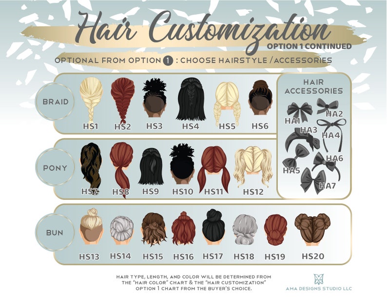 May include: A chart with different hairstyles and hair accessories for customization. The chart includes braids, ponytails, buns, and bows. The text on the chart reads "Hair Customization" and "Optional from Option 1: Choose Hairstyle/Accessories".