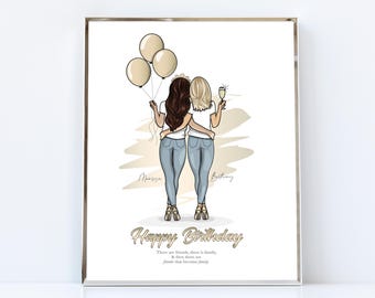 Custom Best Friend Happy Birthday Drawing / Best Friend Portrait Drawing / Custom Best Friend Gift / Personalized Best Friend Illustration