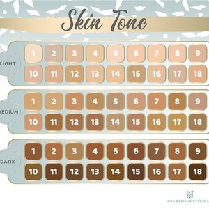 May include: A chart with 18 different skin tone shades organized into three categories: Light, Medium, and Dark. Each category has 18 shades, numbered 1 through 18.