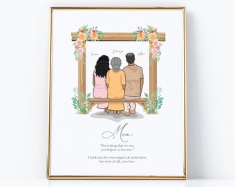 Custom Mother's Day Portrait Drawing / Personalized Mom Gift /Mom Daughter Son Portrait Print /Mom Daughter Drawing /Mom Birthday Gift Print