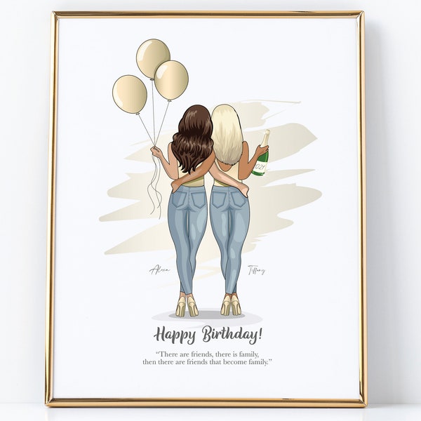 Custom Best Friend Happy Birthday Drawing / Best Friend Portrait Drawing / Custom Best Friend Gift / Personalized Best Friend Illustration