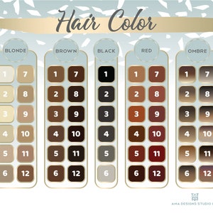 May include: A chart with hair color swatches, labeled "Blonde", "Brown", "Black", "Red", and "Ombre". Each color category has 6 shades, numbered 1 through 6, with a corresponding number 7 through 12 on the right side of each shade.
