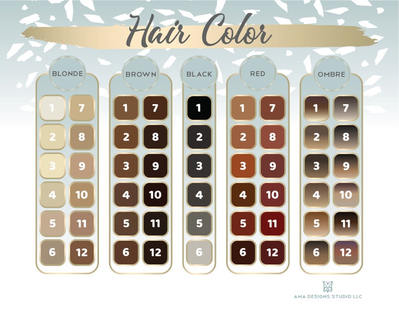 May include: A chart with hair color swatches, labeled "Blonde", "Brown", "Black", "Red", and "Ombre". Each color category has 6 shades, numbered 1 through 6, with a corresponding number 7 through 12 on the right side of each shade.