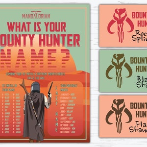 Puede incluir: Un juego imprimible de Star Wars Mandalorian para crear un nombre de cazarrecompensas. El juego combina la primera inicial de tu nombre con tu mes de nacimiento. La imagen incluye un personaje mandaloriano y un fondo de puesta de sol.