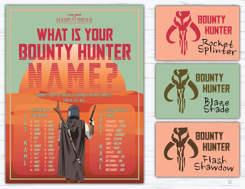 Puede incluir: Un juego imprimible de Star Wars Mandalorian para crear un nombre de cazarrecompensas. El juego combina la primera inicial de tu nombre con tu mes de nacimiento. La imagen incluye un personaje mandaloriano y un fondo de puesta de sol.