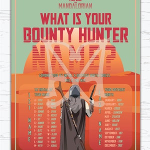 Puede incluir: Un p&oacute;ster imprimible con tem&aacute;tica de Star Wars: The Mandalorian con un esquema de color rojo, naranja y verde. El p&oacute;ster presenta una silueta del personaje de Mandalorian y el texto "&iquest;Cu&aacute;l es tu nombre de cazarrecompensas?"  Combina tu primera inicial y tu mes de nacimiento. Este es el camino.