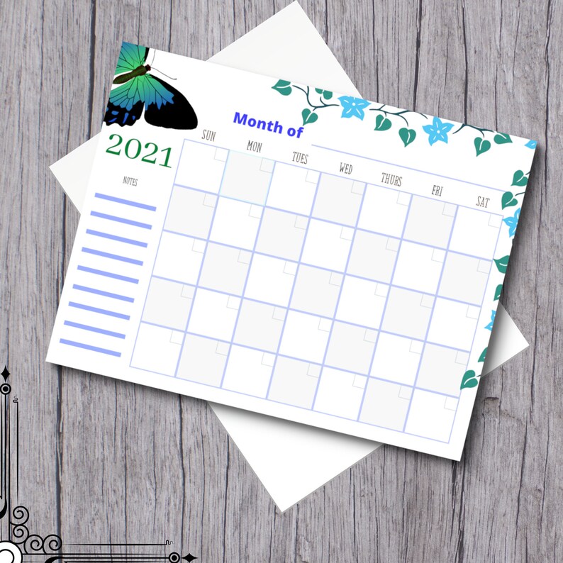 printable butterfly with notes 2021 calendar refills blank etsy