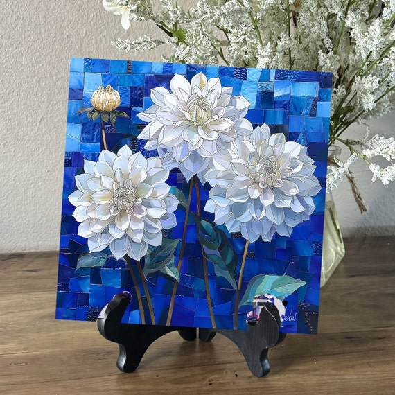 Dahlias Decorative Ceramic Tile,  Dahlia Lover Artwork, Mothers Day Gift Tile, Flower Decor Decorative Art, Beautiful Art For Table or Shelf