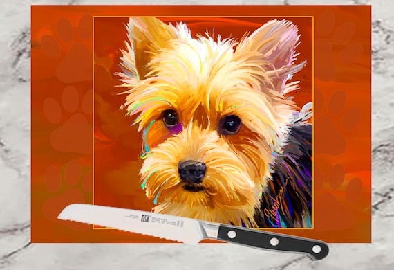 Yorkie Dog Glass Cutting Board. Yorkie Lover Mothers Day Gift Tray, Yorkie Decor Serving Tray, Beautiful Breakfast Bread Board, Great Gift