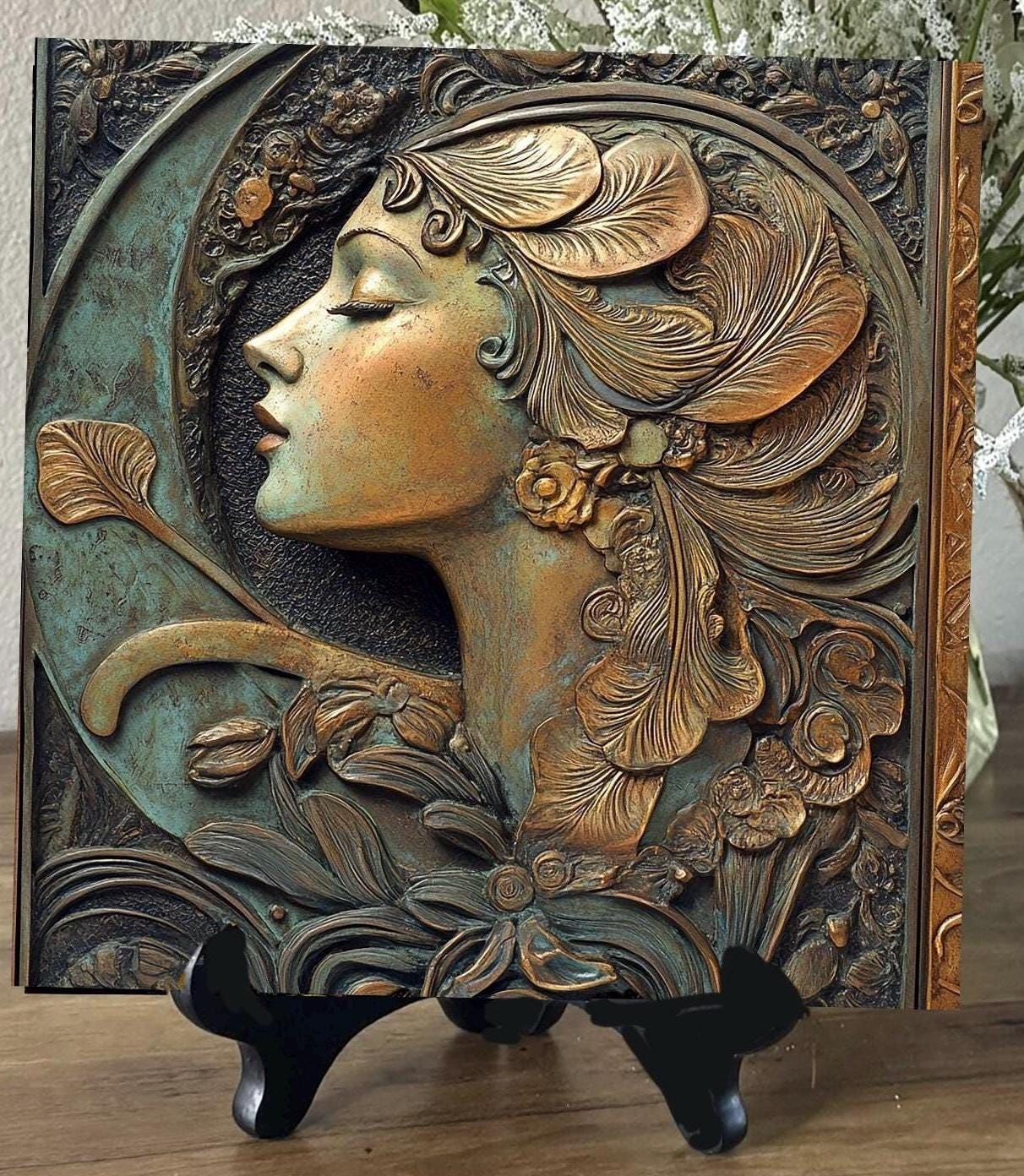 Ceramic Tile Decorative . 1930 Bronze Woman 1, Art For Table or Shelf, Christmas Gift, Art Nouveau Art Deco Painting