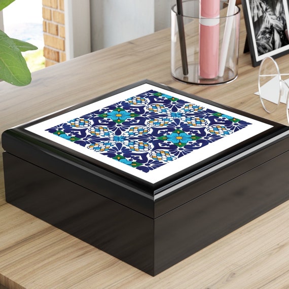 Talavera Tiles Jewelry Box, Keepsake Box - wood & ceramic tile top - vintage art deco - 6" x 6", great gift for her,gift for bride,gift for