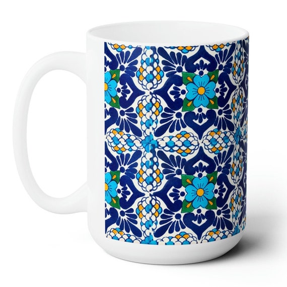 Coffee mug Talavera Tile Blue,  15oz. Ceramic mug is dishwasher and microwave safe. Spain and Mexico home  Decor. Gift for her FREE SHIPPIN