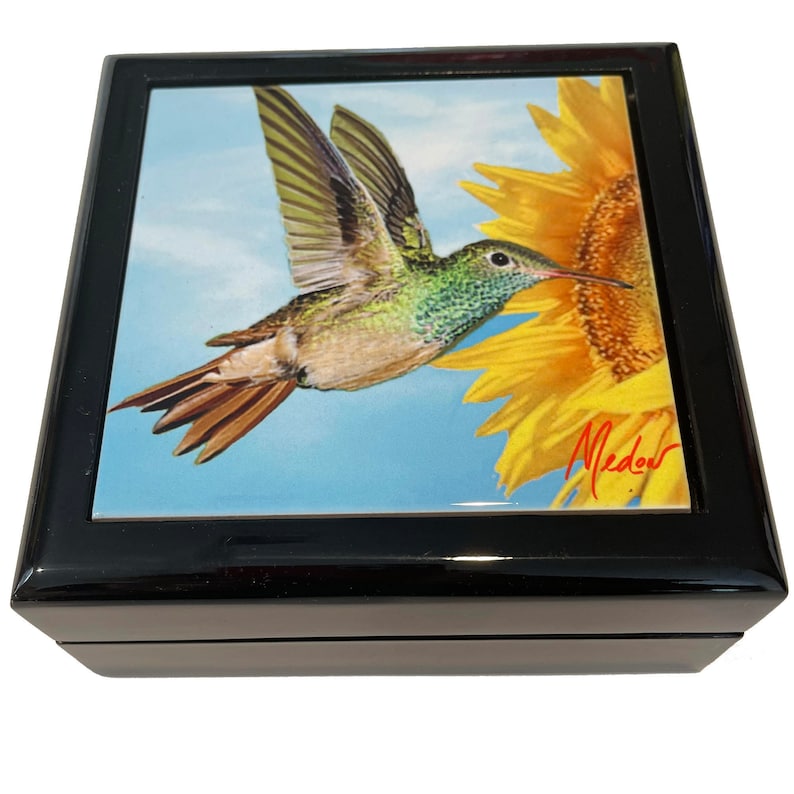 Black Wood Hummingbird Lover gift Small Jewelry Box Hummingbird gift Hummingbird on Sunflower Keepsake box. Valentine Gift
