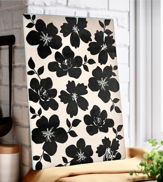 Floral Beige Black Glass Cheese Board, Abstract Illustration Neutral Tray, Modern Kitchen Functional Gift, Flower Dinner Party Centerpiece