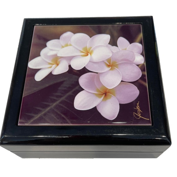 Plumeria flower Wooden Jewelry Box. Keepsake and Trinket box. Unique gift in 2 Sizes with glossy ceramic tile lid.