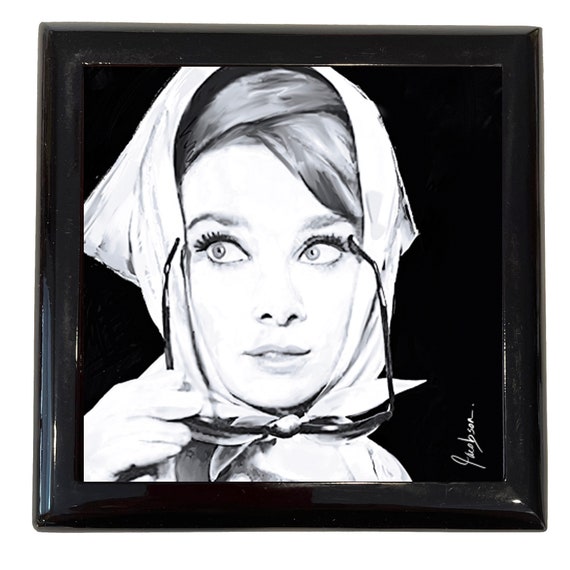 Audrey Hepburn Wooden Jewelry Box. Keepsake and Trinket box. Box in 2 Sizes with glossy ceramic tile lid.