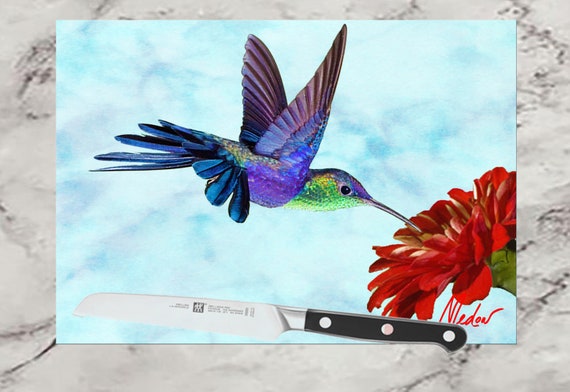 Hummingbird Glass Cutting Board. Adds Good Luck Love To The Countertop, Serve Slice Cut Dice Glass Tray, Makes A Great Host Hostess Gift