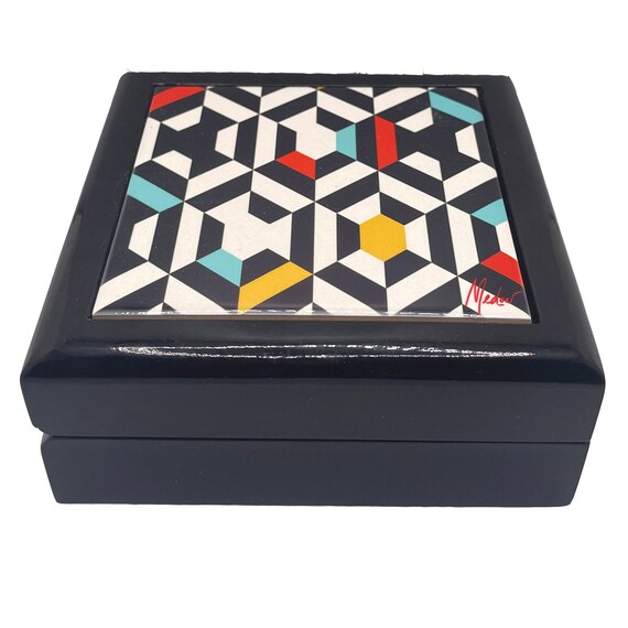 Boho Geometric Jewelry box. Keepsake and Trinket box. Box with glossy ceramic tile lid