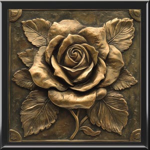 May include: A bronze-colored, three-dimensional relief of a rose with detailed petals and leaves. The artwork is set within a square frame with decorative corner elements, creating a classic, elegant aesthetic.