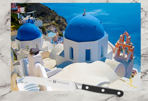 Greek Island Santorini Gift, cutting board. Use as a serving tray, cheese board and charcuterie board. Wedding and anniversary gift.