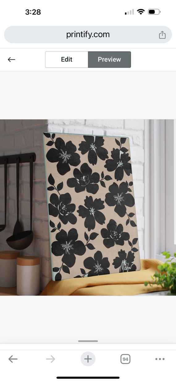 Abstract Beige Black Glass Cutting Board, Floral Illustration Neutral Tray, Modern Kitchen Functional Gift, Flower Dinner Party Centerpiece