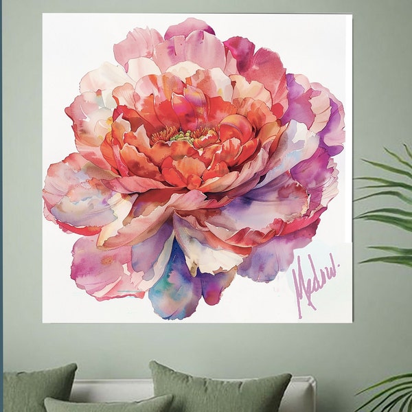 Peony Flower Wall Art Print, Peony Pink Red Wall Poster For Gallery, Ships Rolled In Tube, 6 Square Sizes Ready To Frame, Shipping is Free