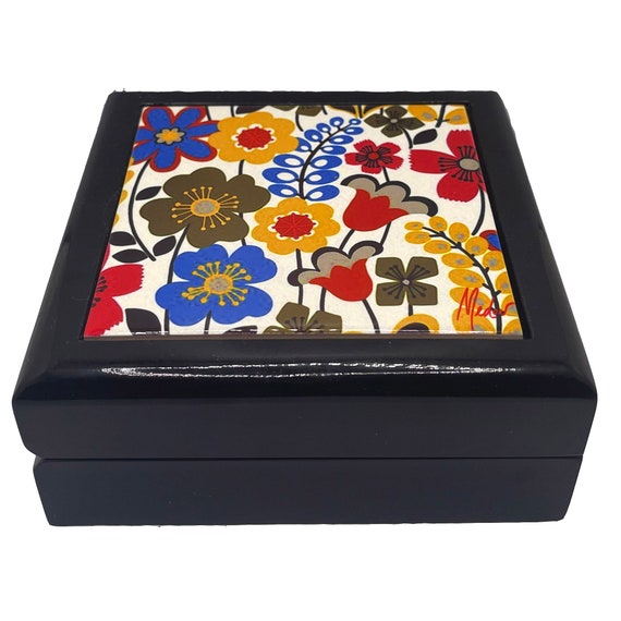 Boho flowers Wooden Jewelry Box. Keepsake and Trinket box is a unique gift. Box in 2 Sizes with glossy ceramic tile lid.
