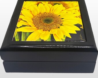 Loyalty Sunflower Sunshine Jewelry Box, Ebony Wood Keepsake And Trinket Box , Unique Gift With Glossy Ceramic Tile Lid. Jewelry Box For Her