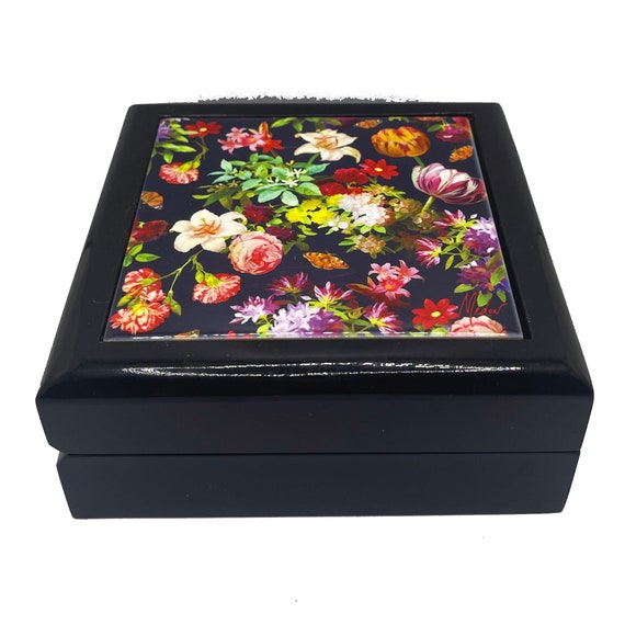 Boho Flowers Black Jewelry box. Keepsake and Trinket box. Box in 2 Sizes with glossy ceramic tile lid.