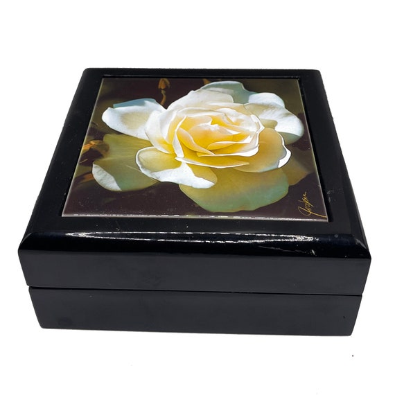 Rose White on Wooden Jewelry Box. Keepsake and Trinket box. Unique gift in 2 Sizes with glossy ceramic tile lid.