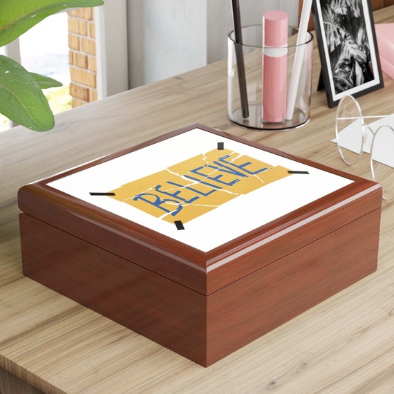 Believe Jewelry Box, Keepsake Box - wood & ceramic tile top - vintage art deco - 6" x 6", great gift for her,gift for bride, gift for Mom