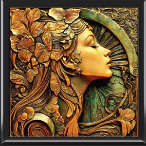 May include: A golden relief sculpture of a woman's face with intricate floral details. The woman's eyes are closed and her head is tilted back. The sculpture is set against a background of green and gold.
