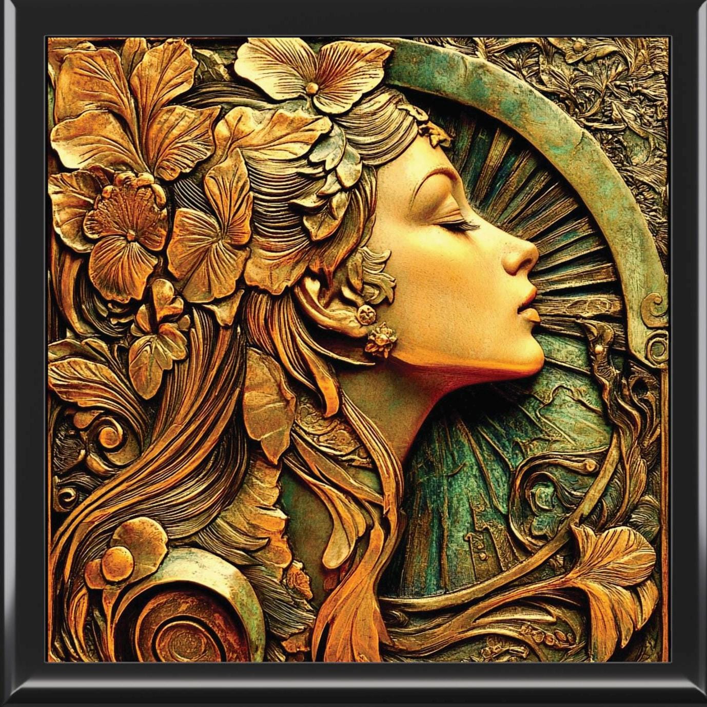 Art Nouveau Jewelry Box, Keepsake Box, 3 color wood, ceramic tile top, vintage art deco painting. - 6" x 6"box, 1930 Bronze. Woman 4,