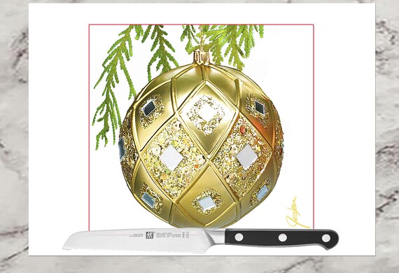 Gold Ornament Christmas Decor Glass Cutting Board. Holiday Decor Serving Platter to Cut, Serve,  and Display