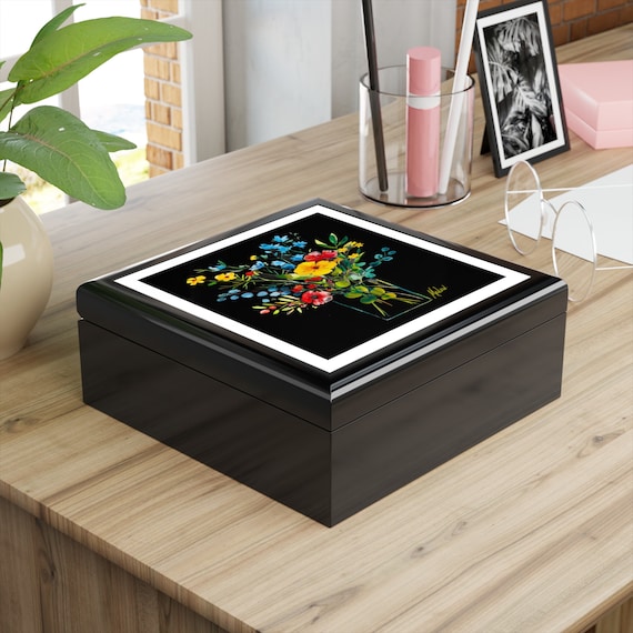 Wildflower Vase Jewelry Box, Keepsake Box - wood & ceramic tile top - vintage art deco - 6" x 6", great gift for her,gift for bride