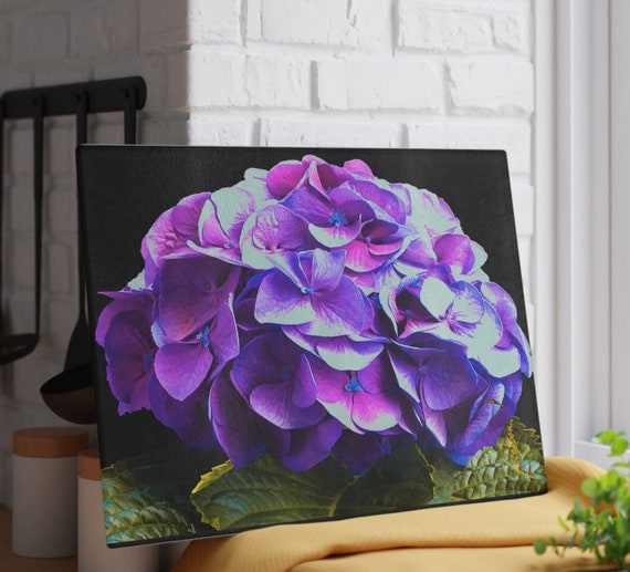 Housewarming Hydrangea Glass Cutting Board, Modern Kitchen Functional Gift, Botanical Art Countertop Board, Makes A Great Hostess Host Gift