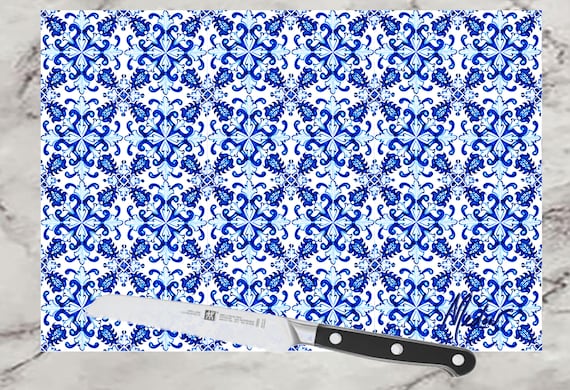 Portuguese Tile Glass Cutting Board 8x11” Tempered Shatter Resistant, Serve Slice And Dice Glass Tray, Portugal Decor  Serving Tray Gift