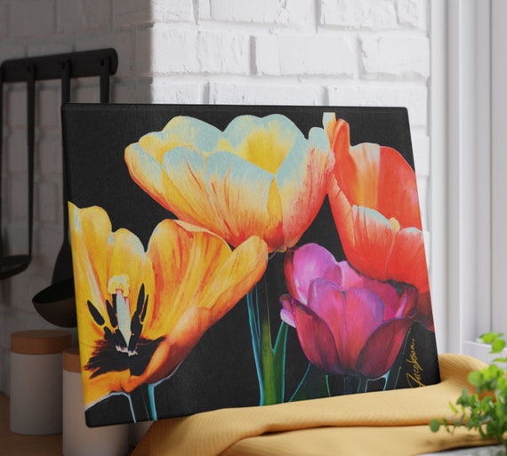 Colorful Tulips on Black Glass Cutting Board, Modern Kitchen Functional Gift, Botanical Art Countertop Boar, Slice Cut Dice Glass Tray,