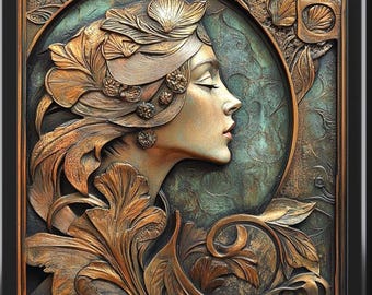 Art Nouveau Jewelry Box, Art Deco, Ornate 1930 Style, Bronze color Woman 1, 3 colors wood, vintage art painting, Ceramic Top, felt lined