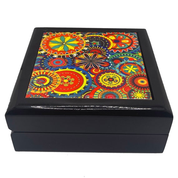 Morrocan Mandella Jewelry box. Keepsake and Trinket box. Box in 2 Sizes with glossy ceramic tile lid