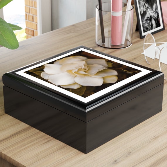 Gardenia Teastain Jewelry Box, Keepsake Box - wood & ceramic tile top - vintage art deco - 6" x 6", great gift for her,gift for bride,gift f