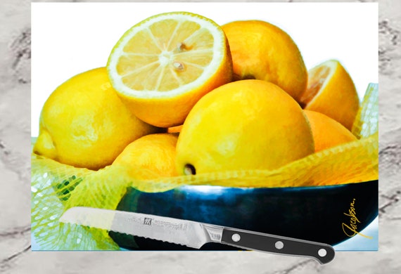 Lemons 8x11” tempered shatter resistant glass cutting board, serve slice cut and dice glass tray,heat and scratch resistant serving tray