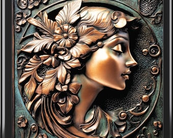 Art Nouveau Jewelry Box, Art Deco, Ornate 1930 Style, Bronze color Woman 30, 3 colors wood, vintage art painting, Ceramic Top, velvet lined
