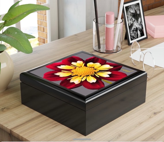 Dahlia Flower Red Jewelry Box, Ebony Wood Keepsake And Trinket Box , Unique Gift With Glossy Ceramic Tile Lid. Jewelry Box Present For Her