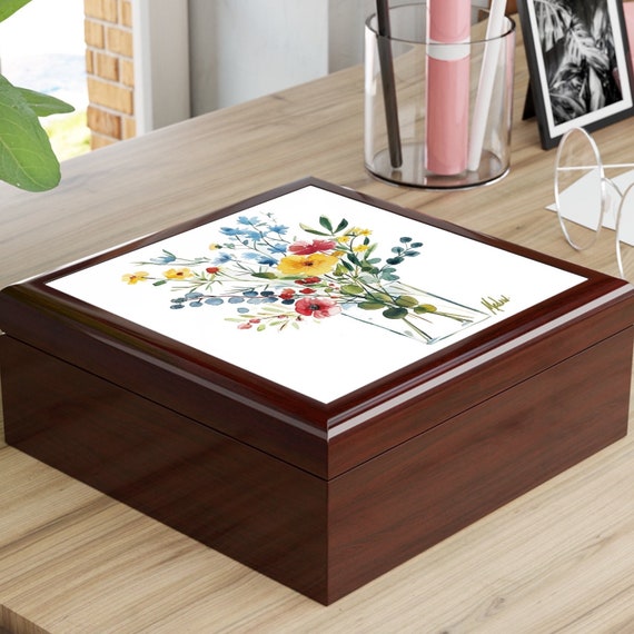 Wildflowers Vase Jewelry Box, Keepsake Box - wood & ceramic tile top - vintage art deco - 6" x 6", great gift for her,gift for Mom