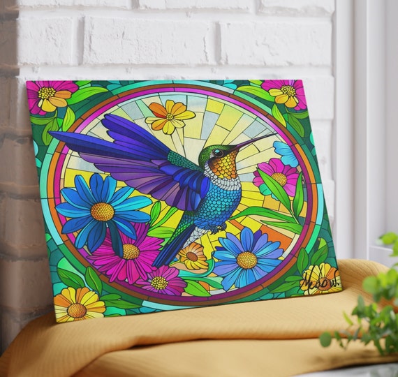 Hummingbird Glass Cutting Board, Art Glass Charcuterie Board, Custom Wedding Gift, Bridal Shower Present, Housewarming Anniversary Gift